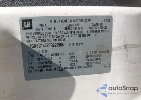 2008 Chevrolet Tahoe Ltz z USA, uszkodzony, nr VIN 1GNFC13028R229605